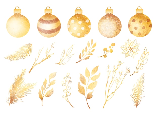 Foto aquarell neujahrsset. glänzende goldene weihnachtsdekorationselemente bälle, fichtenzweig, gelbe sterne