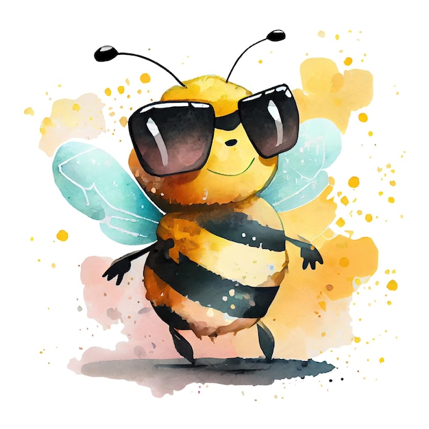 Aquarell niedliche Biene coole Superstar Cartoon-Insektenfigur Isolierter weißer Hintergrund