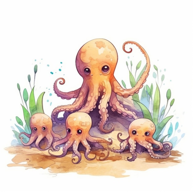 Aquarell Octopus Familie Hand gezeichnet Illustration isoliert auf weißem Hintergrund