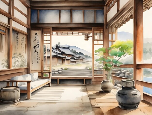 Aquarell-Onsen-Spa an jedem berühmten Ort Japan und Korea Tapeten Künstlerische heiße Quellenreisen