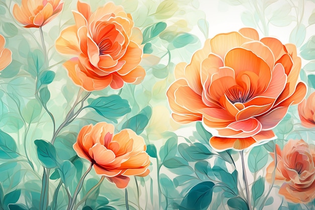 Aquarell orangefarbene Blüten auf aquamarinfarbenem Hintergrund Zeichnete Blumenillustration