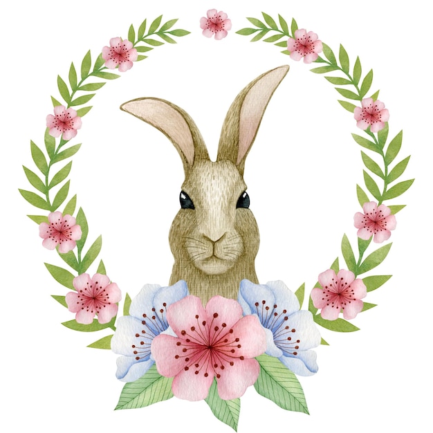 Aquarell Osterkranz aus Frühlingsblumen Hase