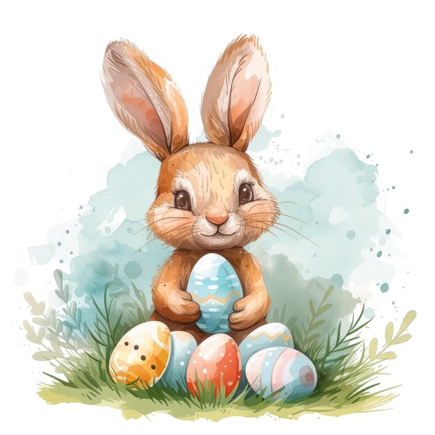 Aquarell Ostern Hase sitzt im Gras mit Ostereiern an einem sonnigen Frühlingstag, isoliert auf weißem Hintergrund