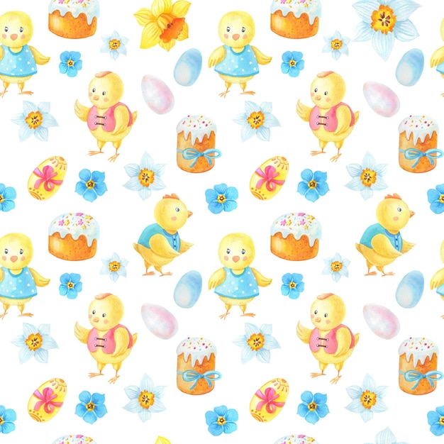 Aquarell Ostern Musterdesign Frühlingsblumen Eier Eastercake Holiday Illustration mit Huhn