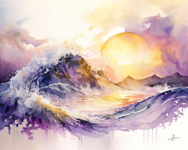 Aquarell Ozean im Sonnenuntergang Wasserwellen Aquarellkunst abstrakte Illustration