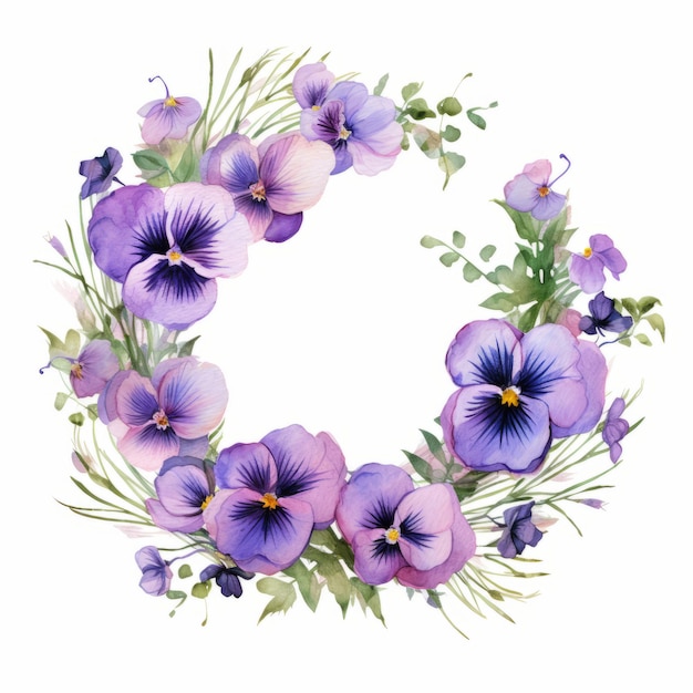 Foto aquarell-pansy-kranz mit gepressten lavendelblumen 8k auflösung