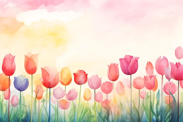 Aquarell-Pastell-Tulpenblumen-Feldrand-Hintergrund mit Kopierraum für Frühlings-Naturlandschaft