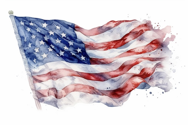 Aquarell-Patriotismus Eine exquisite amerikanische Flagge im Aquarell-Stil erscheint auf einem weißen Hintergrund
