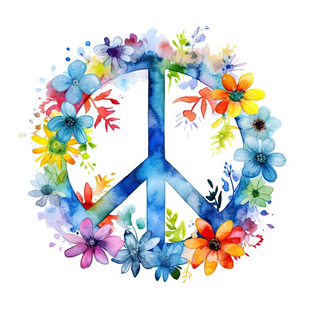 Aquarell pazifistisches Friedenssymbol mit Blumen auf weißem Hintergrund Friedens- und hippie-pazifistisches Konzept