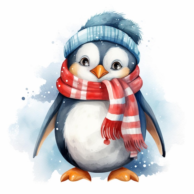 Aquarell-Pinguin mit Schal und Mütze