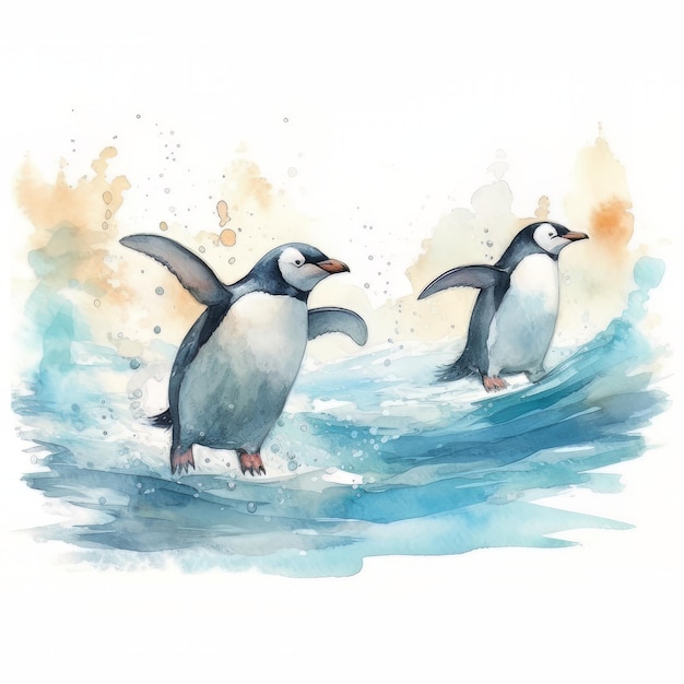 Aquarell-Pinguine im Meer