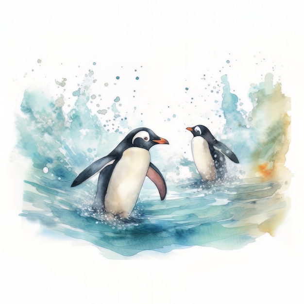 Aquarell-Pinguine im Meer