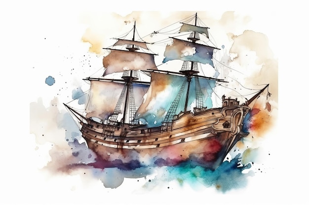 Aquarell-Piratenschiff für ein Geburtstagsabenteuer auf weißem Hintergrund, KI generiert