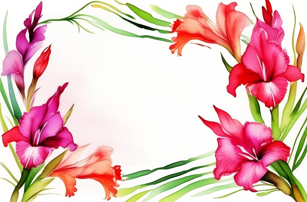 Aquarell-Postkarte mit einem Blumenstrauß aus Gladiolen und einem leeren Platz für den Text