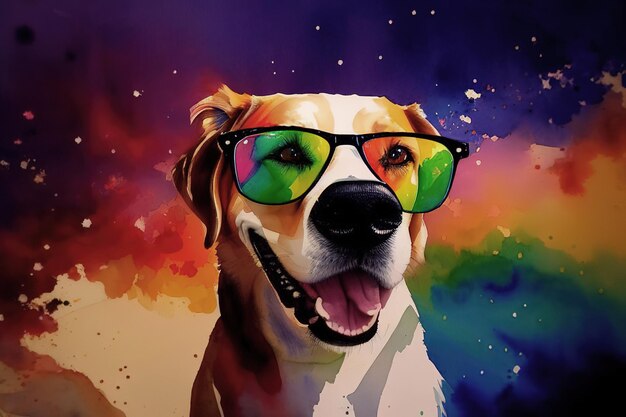 Aquarell-Postkarte mit Hund und Regenbogen-Sonnenbrille Generative KI