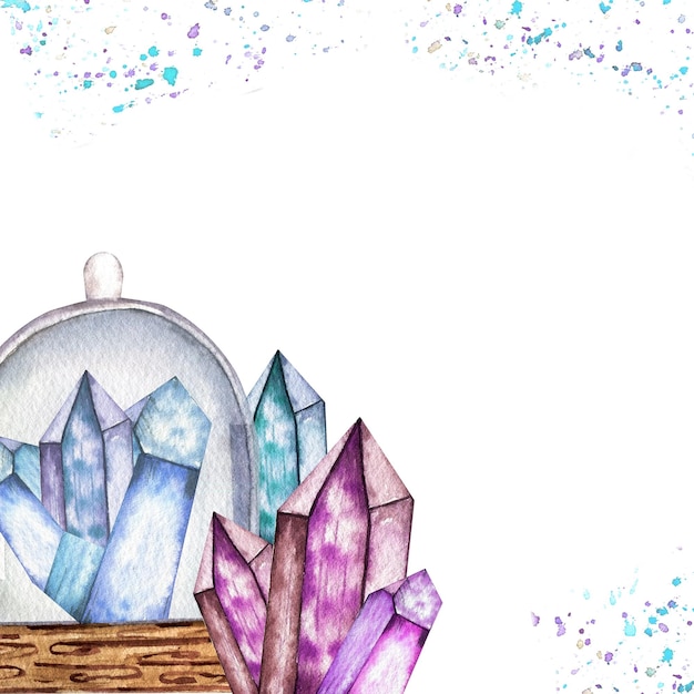Aquarell-Postkarten-Vorlage Glaskuppel mit farbigen Kristallen und Spritzen von Farbe