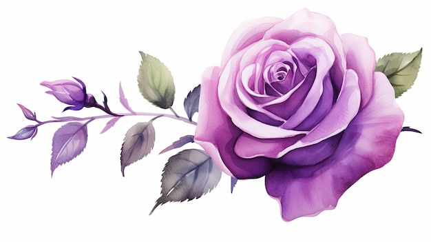 Aquarell purpurfarbene Blumen-Clipart-Illustration und Rosenblumenzweig mit grünen Blättern auf weißem Hintergrund