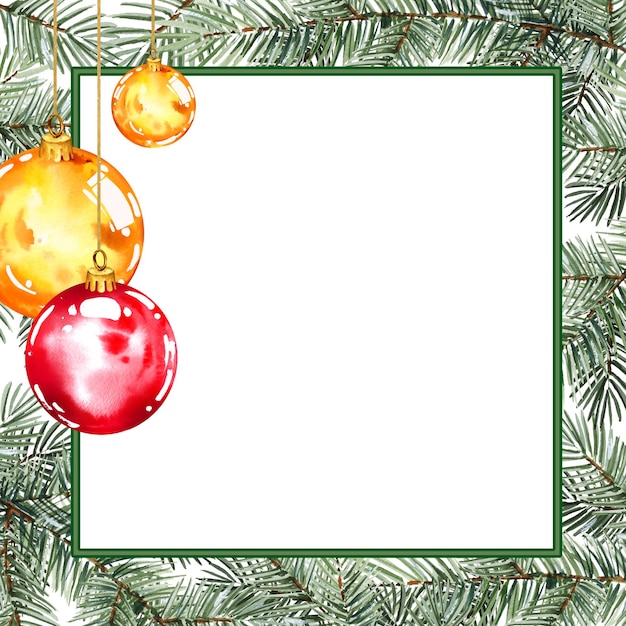 Aquarell-Quadratrahmen mit Nadelbäumen und Weihnachtsdekoration Weihnachtenbaum mit glänzenden glänsenden Kugeln Handgezeichneter Skizze von grünen Tannen und roten goldenen Kugeln Neujahrsillustration