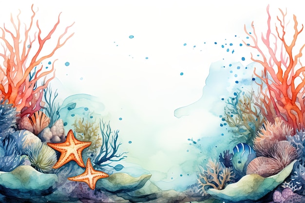 Aquarell-Randrahmen mit Unterwasserelementen mit Algen und Seesternen, Kopierraum für die Gestaltung