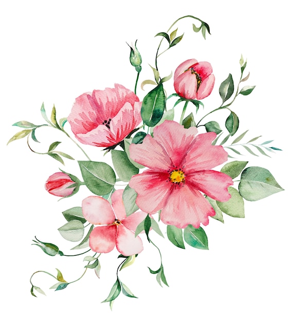 Aquarell rosa Blumen und grüne Blätter Blumenstrauß Illustration isoliert