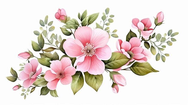Aquarell rosa Blumensträuße Clipart-Illustration und Frühlingsblumenzweig mit grünen Blättern Dekoration auf weißem Hintergrund