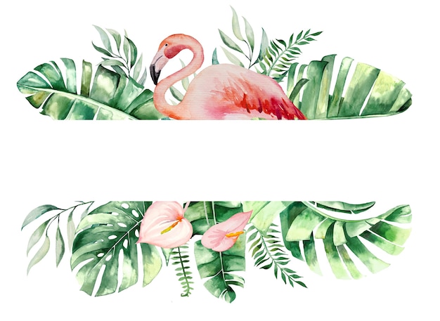 Aquarell rosa Flamingo, tropische Blätter und Blumen Rahmen isolierte Illustration für Hochzeit stationär, Grüße, Tapeten, Mode, Poster poster