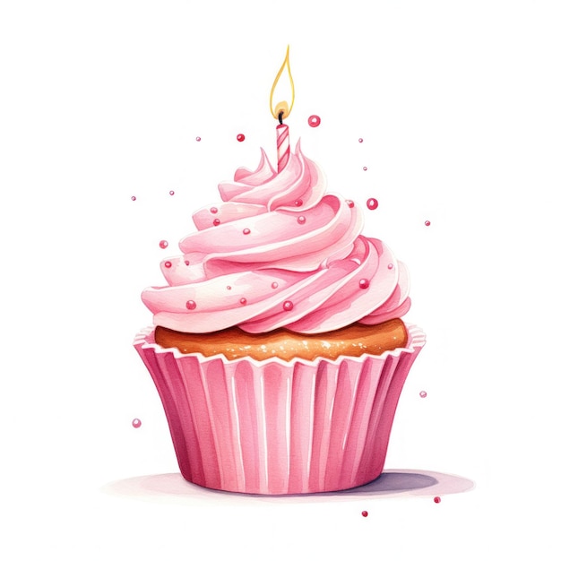 Aquarell rosa Geburtstags-Cupcake mit Kerze isoliert