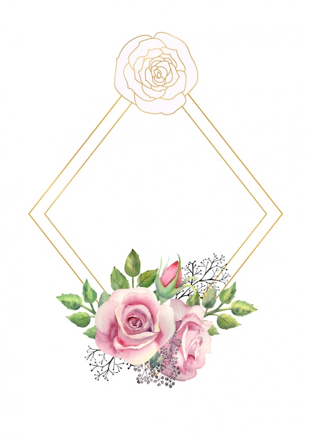 Aquarell Rosa Rosenblüten, grüne Blätter, Beeren in einem goldenen geometrischen Rahmen