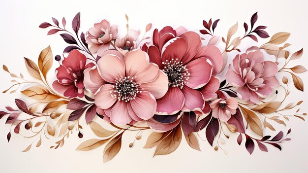 Aquarell rosa Rosenblumen Clipart Illustration goldene Blätter für Hochzeits-Einladungskarte auf weißem Hintergrund 3D-Rendering