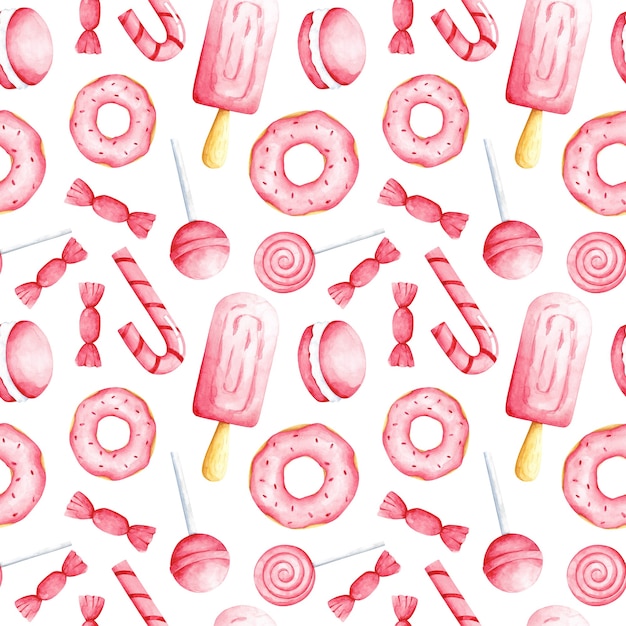 Aquarell rosa süßes Essen auf weißem Hintergrund nahtlose Muster. Süßigkeiten drucken. Süße Süßigkeiten Ornament für Textilien, Tapeten, Geschenkpapier, Verpackung, Menü, Café, Verkleidung, Design und Dekoration.