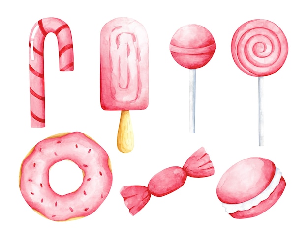 Aquarell rosa Süßigkeiten ClipArt-Set isoliert auf weißem Hintergrund. Sammlung von süßen Lebensmitteln. Eis, Donut, Süßigkeiten, Zuckerstange, Lutscher, Makronen-Design-Element.
