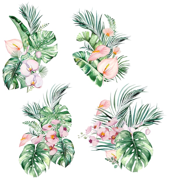 Aquarell rosa tropische Blätter und Blumensträuße isolierte Illustration für Hochzeitspapier, Grüße, Tapeten, Mode, Poster
