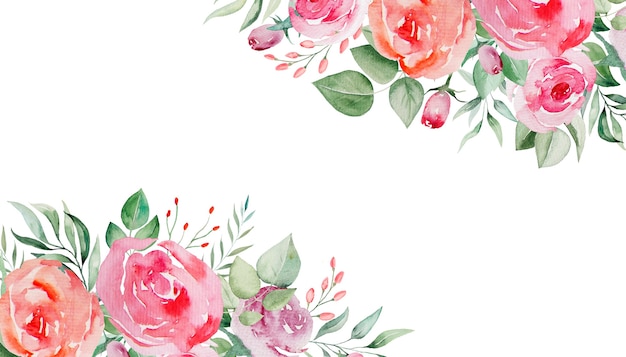 Aquarell rosa und rote Rosen Blumen und Blätter Rahmen