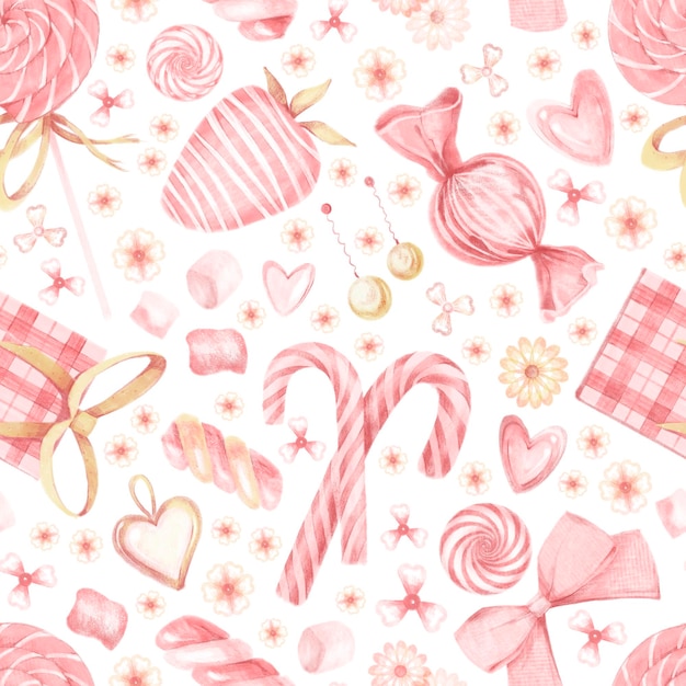 Aquarell rosa Valentinstag Musterdesign Illustration von Süßigkeiten Herzen auf weißem Hintergrund