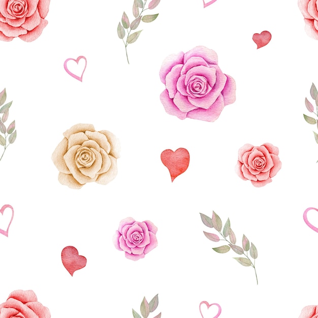 Aquarell Rose und Herz Musterdesign Valentinstag Illustration für Stoff Geschenkpapier