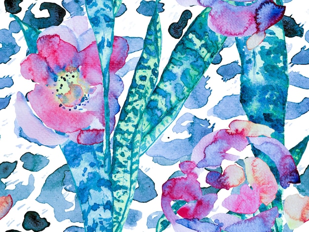 Aquarell-Rosen, Pfingstrosen und Blätter, nahtloses Muster, exotisches Badebekleidungsdesign, Vintage-Pfingstrose, Öko-Rapport, botanische Blumenillustration, blauer und indigoblauer Sommerblütenhintergrund
