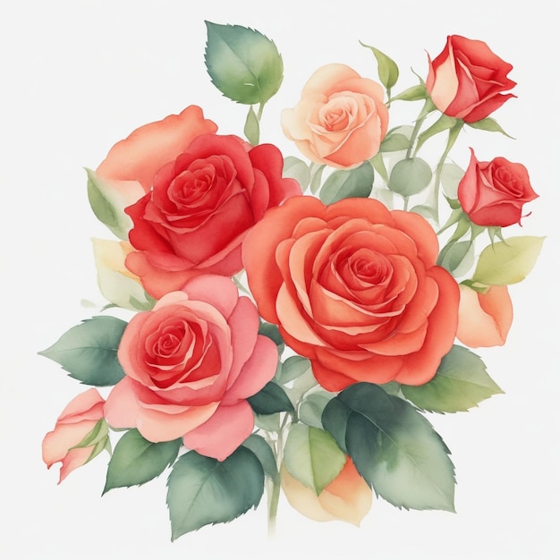 Aquarell-Rosen-Zusammenstellung aus rosa und orangefarbenen Rosen mit Blütenblättern und Zweigen im Hintergrund