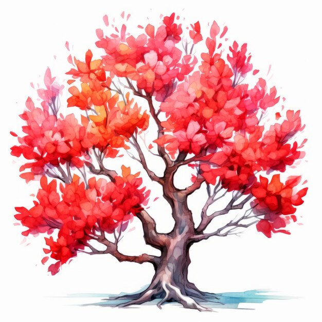 Aquarell, Roter Baum, Kraftvoll, Symbolik, In, Buntes, Karikatur, Style