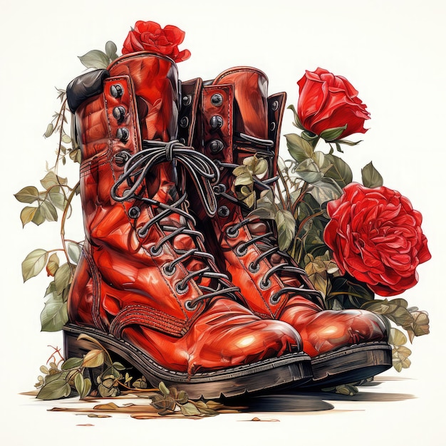 Aquarell Roter Cowboy-Stiefel mit roten Rosen Weißem Hintergrund Clipart Generative Ai