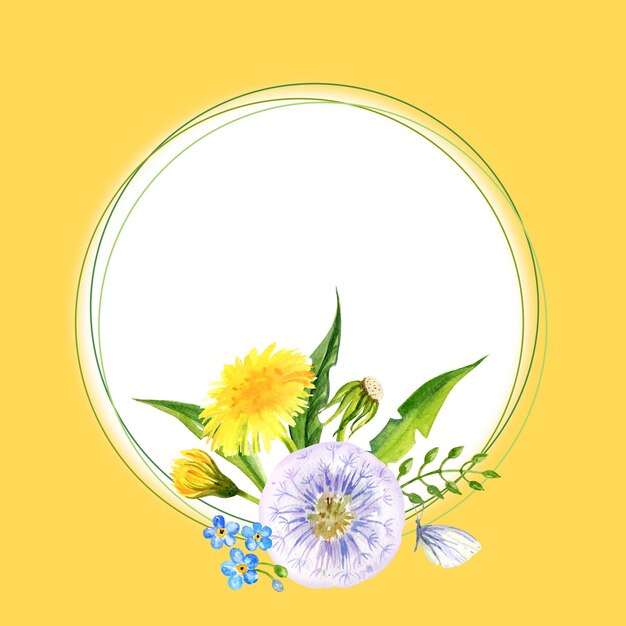 Aquarell runde Rahmen mit Sommer gelben Blüten Blowball Hand zeichnen Löwenzahn vergessen mich nicht Blüten und Blätter Kräuter Skizze des Frühlings gelbe Blüten auf gelben Hintergrund