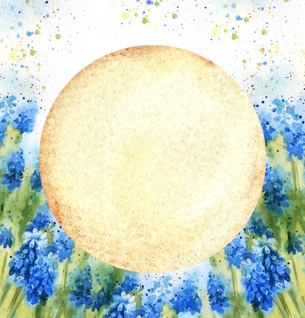 Aquarell runder Hintergrund mit Frühlingsblumen Hyazinthen blaue Blumen Punkte Tropfen sketchx9