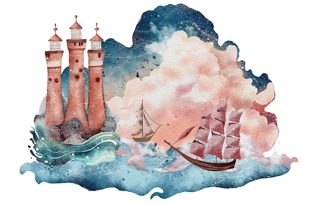 Aquarell-Schiff im Ozean mit Wellen und Wolken rosa und blaue Illustration isoliert auf weiß