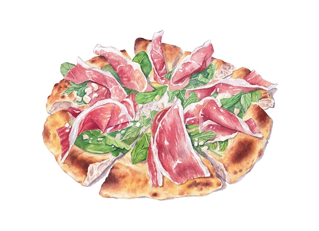 Foto aquarell-schinken und rucola-pizza