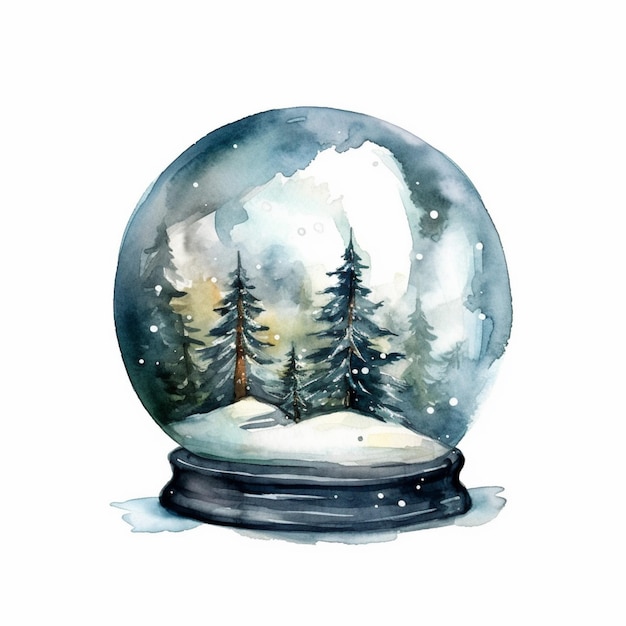 Aquarell-Schneekugel mit einem verschneiten Wald im Hintergrund.