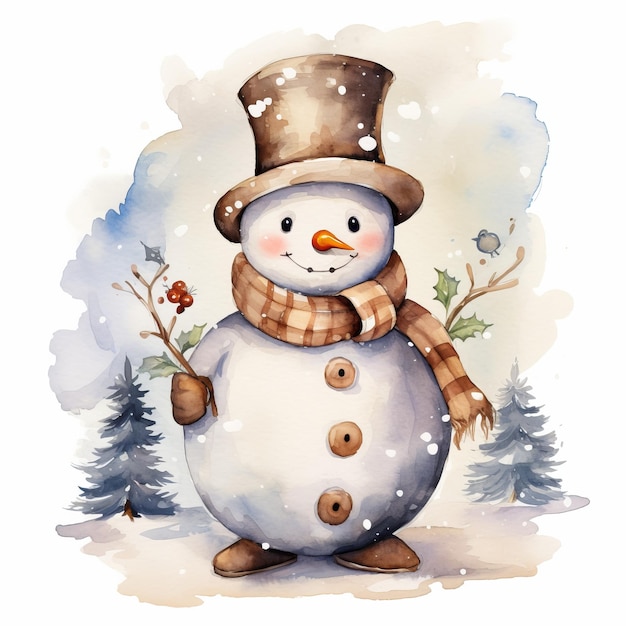 Aquarell-Schneemann mit Schal und Hut