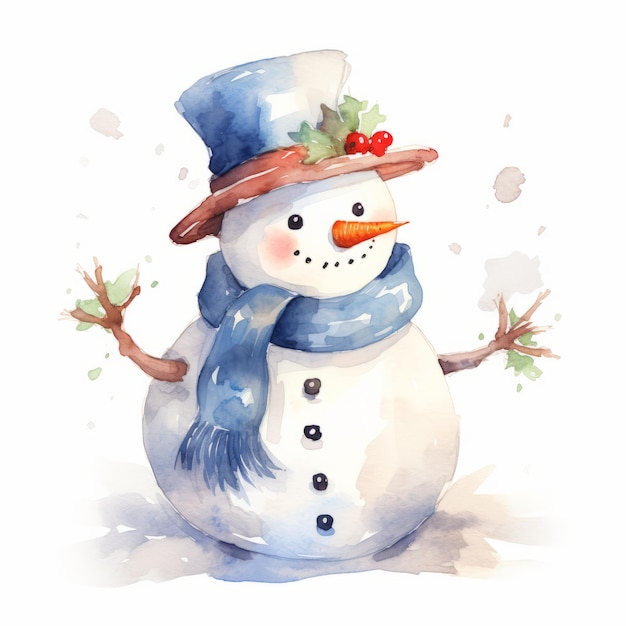 Aquarell-Schneemann mit Schal und Hut