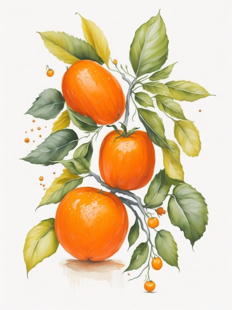 Aquarell Schöne Orangenfrucht mit Blättern