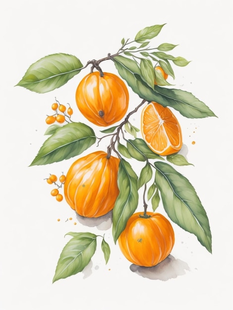 Aquarell Schöne Orangenfrucht mit Blättern