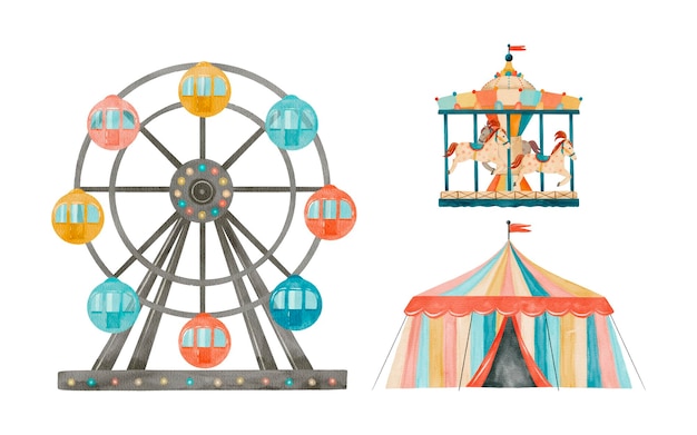 Aquarell schrillerhafte Welt der Karnevalsattraktionen wie das Riesenrad und das bunte Karussell