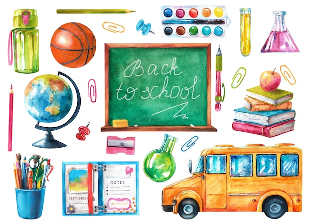 Aquarell-Schulset Sammlung von Schulsachen, Schulbus-Globus, Bücher, Chemieflaschen und andere Dinge